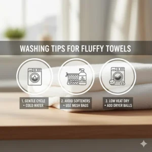 Icon-style illustration showing the best washing machine settings to ensure your bath towels stay fluffy and avoid stiffening.