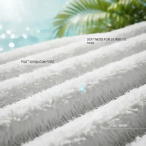 Illustration of zero-twist cotton loops highlighting the soft texture for sensitive skin after swimming.