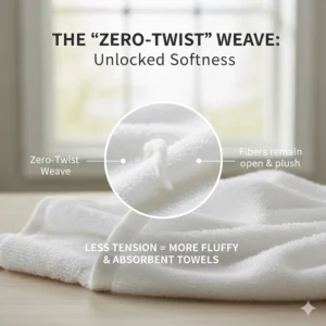 Close-up illustration of a zero-twist cotton weave, a key feature of bath towels that stay fluffy and soft.