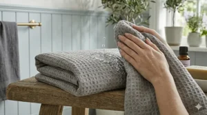 A person drying their hands with a highly absorbent flax linen towel to demonstrate moisture-wicking.