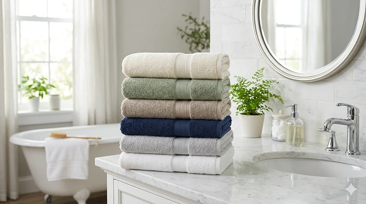 A neat stack of plush all season bath towels in neutral tones resting on a marble bathroom vanity.