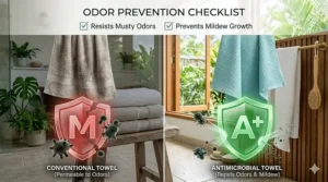 Illustration of antimicrobial fibers in bath towels designed to resist odors and mildew in damp environments.