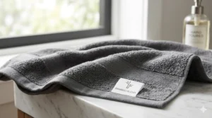 High-detail 4K photograph of a charcoal grey bamboo rayon blend bath towel, showcasing its smooth, silky sheen and luxurious drape in natural window light.