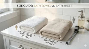 Illustration showing the size dimensions of standard affordable bath towels versus bath sheets.