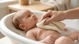 Illustration of a parent gently cleaning a newborn using a soft baby washcloth for sensitive skin.