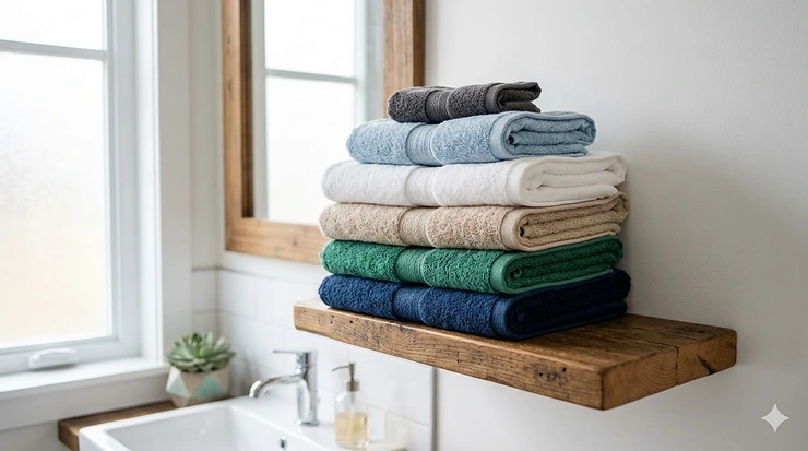 A neatly folded stack of colorful affordable bath towels on a wooden bathroom shelf.