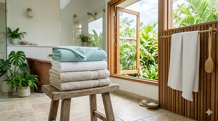A stack of breathable waffle-weave bath towels for humid climates arranged on a wooden stool in a ventilated bathroom.