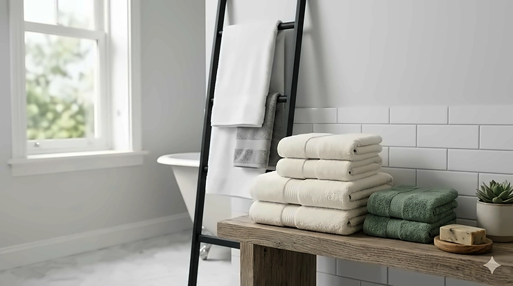 A stack of fluffy, neutral-toned everyday bath towels neatly folded on a wooden bathroom shelf next to a small green plant.
