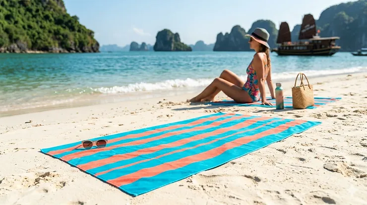 A colorful microfiber quick dry towel spread out on a sunny white sand beach with ocean waves in the background. quick dry towels for summer