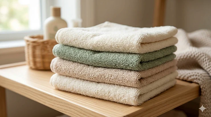 A stack of premium soft baby washcloths made from organic cotton displayed on a wooden nursery shelf. soft baby washcloths organic