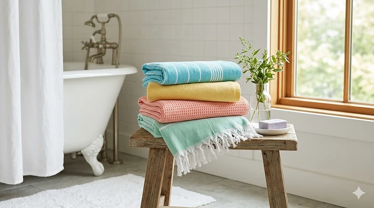A stack of colorful, lightweight summer bath towels neatly folded on a rustic wooden bench in a sunny, window-lit bathroom. summer bath towels lightweight