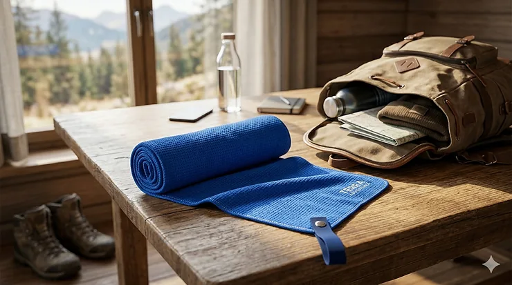 A person packing a compact microfiber travel bath towel into a hiking backpack for a camping trip. travel bath towels