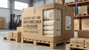 Illustration of a large shipping carton packed with high-quality bath towels for wholesale delivery.