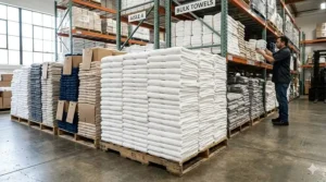 A large, organized stack of fluffy white cotton bath towels showing bulk quality for commercial use.