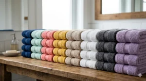 A diverse palette of affordable bath towels in vibrant and neutral tones arranged in neat rows.