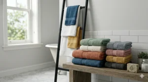 A variety of everyday bath towels in modern colors like sage green, terracotta, and charcoal grey.