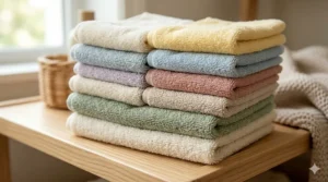 A variety pack of soft baby washcloths organic in neutral pastel tones like sage green and cream.