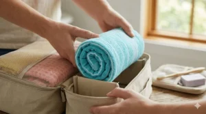 An illustration showing a thin, lightweight summer bath towel rolled tightly to fit perfectly into a small, travel-sized packing cube.