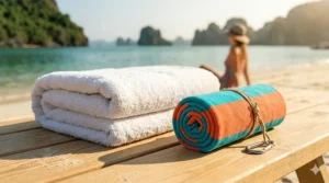 A folded quick dry towel showing its compact size compared to a bulky cotton towel for easy packing.