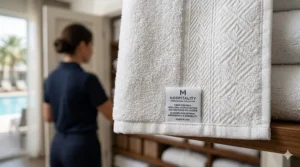 Graphic highlighting the 100% cotton or poly-cotton blend used in cheap quality bath towels.