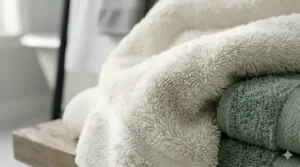 Close-up macro shot of the soft loops and weave of high-quality cotton everyday bath towels.