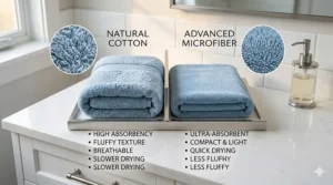 Comparison chart showing the textures of cotton and microfiber affordable bath towels.