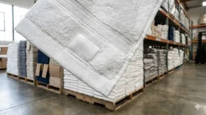 Close-up illustration of reinforced double-stitched hems on affordable bulk bath towels.