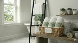 A rolled set of white everyday bath towels placed in a wicker basket for a welcoming guest bathroom feel.