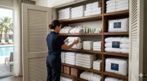 Illustration of neatly rolled towels on a shelf, ideal for hotels or gyms buying in bulk.