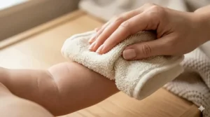 Illustration highlighting the hypoallergenic properties of organic fibers for babies with eczema.