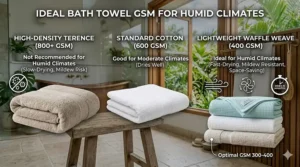 A guide showing why lower GSM towels (300-400) are the best bath towels for humid climates due to faster drying times.