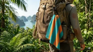 A lightweight quick dry towel clipped to a hiking backpack for summer trekking and camping.