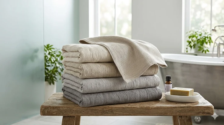 A stack of neutral-toned linen bath towels neatly folded on a wooden stool in a modern, sunlit bathroom.
