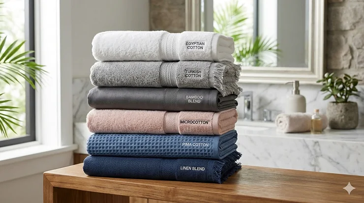 A photorealistic 4K stack of premium luxury bath towels in a bright spa bathroom, featuring distinct textures of Egyptian cotton, Turkish cotton, bamboo blend, Microcotton, Pima cotton, and linen blend for material comparison. luxury bath towel materials comparison