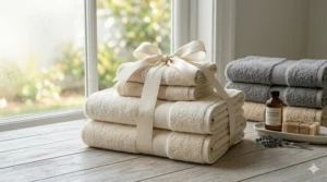 A 6-piece luxury Egyptian cotton towel set tied with a silk ribbon, perfect for wedding or housewarming gifts.