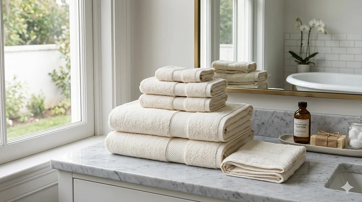 A stack of plush, neutral-colored luxury Egyptian cotton towel sets displayed on a white marble vanity next to a sunlit window.
