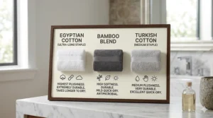 A photorealistic comparison board in a luxury bathroom ranking Egyptian cotton, Bamboo blends, and Turkish cotton based on plushness, durability, and drying speed for a material comparison guide.
