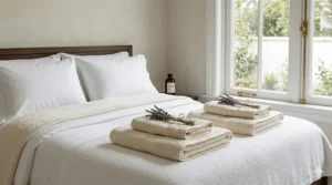 Freshly laundered luxury Egyptian cotton towel sets placed on a guest bed with a sprig of lavender for a five-star hotel feel.