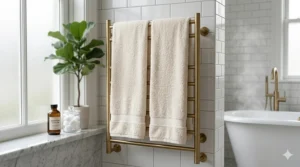 Two oversized Egyptian cotton bath towels hanging on a modern heated towel rack in a spa-style bathroom.