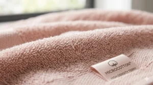 High-density 4K photorealistic close-up of Microcotton® towel loops, showcasing the plush texture and rapid moisture-wicking fiber structure.