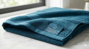 A photorealistic 4K close-up of a neatly folded teal-blue Modal and Cotton mix luxury bath towel, showcasing its vibrant color retention and fine, soft surface texture under natural light.