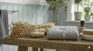 Raw flax plant fibers used to create sustainable and organic linen bath towels.