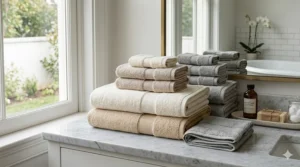 An array of luxury Egyptian cotton towel sets in neutral tones including beige, charcoal, and slate grey.