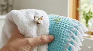 An illustration of soft, organic cotton plants and seeds next to a breathable, eco-friendly lightweight summer bath towel.