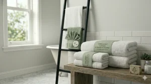 Sustainable everyday bath towels made from organic bamboo and cotton blend with an eco-certified label.