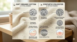 A comparison chart showing the benefits of soft organic fibers versus synthetic materials for infant skin.