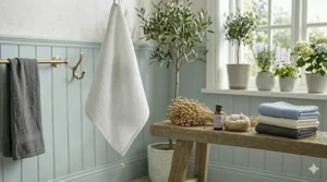 A white linen bath towel hanging on a brass hook, emphasizing its quick-drying properties.