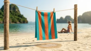 A thin travel towel hanging on a line in the sun to demonstrate fast-drying capabilities during summer.