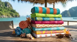 A variety of quick dry towels for summer in bright tropical colors and patterns stacked neatly.