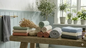 Compactly rolled linen bath towels showing how they save space in a linen closet or travel bag.